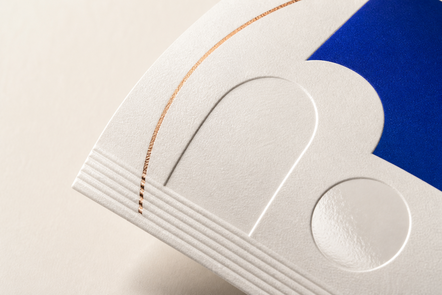 Macro paper texture with embossing, copper foil and cobalt print